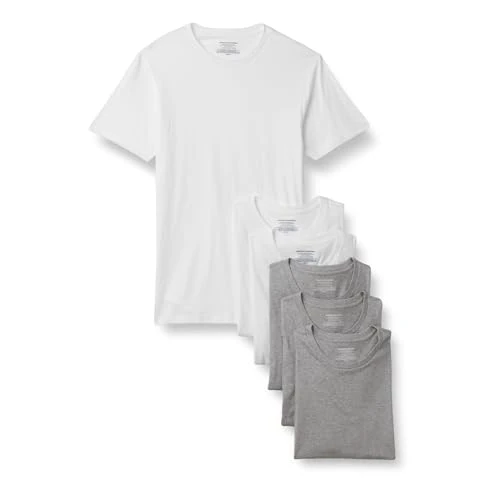 Amazon Essentials Camisetas Interiores de Algodón, de Cuello Redondo y Corte Ajustado Hombre, Paquete de 6, Blanco/Gris Chiné Moyen Manga Corta, M