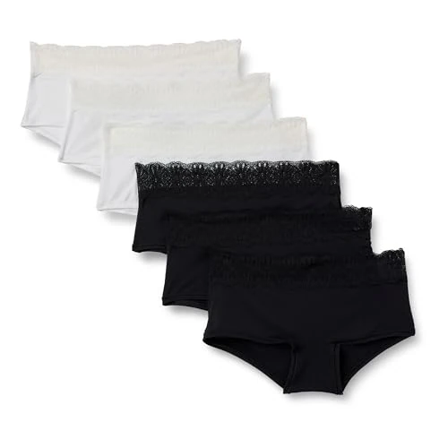 Offerta a tempo: Amazon Essentials Slip Bikini in Microfibra Effetto Pesca con Bordo in Pizzo Donna, Pacco da 6, Nero/Bianco, 52 - 0.00% da 15.21 € a 15.21 €