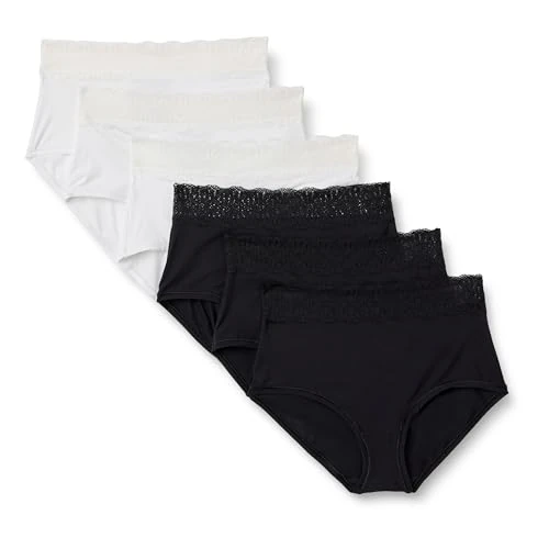 Oferta limitowana: Amazon Essentials Damskie Aewm88967 brzoskwiniowa mikrofibra z koronkowym wykończeniem pełne majtki (6 sztuk), czarny/biały, L z 101.72 zł na 101.72 zł (oszczędź 0.00%)
