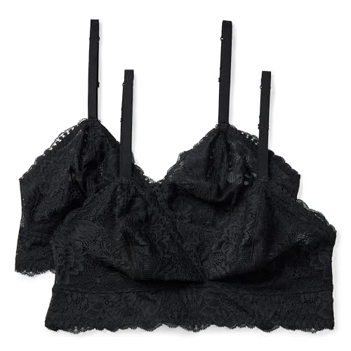 Amazon Essentials Bralette Lunga a Triangolo in Pizzo Gallone Elasticizzato non Imbottita Donna, Pacco da 2, Nero, L