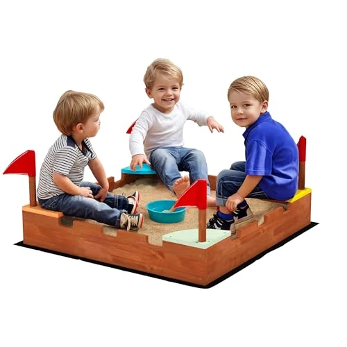Offerta a tempo: AIYAPLAY Sabbiera per Bambini 3-7 Anni a Forma di Castello con 4 Sedute con Bandierine, Sabbionaia per Bambini in Legno di Abete, 90x90x17 cm, Multicolore - 5% da 29.95 € a 28.45 €
