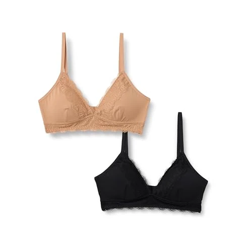 Offerta a tempo: Amazon Essentials Reggiseno Bralette da Donna a Triangolo Senza Ferretto in Microfibra con Pizzo Donna, Confezione da 2, Bronzo Lavato/Nero, XXS - 0.00% da 23.90 € a 23.90 €
