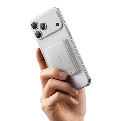 Baseus Mini MagSafe Powerbank 5000 mAh Certifié Qi2 avec Support Pliable, PD 20 W, magnétique, USB C, sans Fil, Compatible avec iPhone 17/16/15/14/13/12/Pro Max, Titane