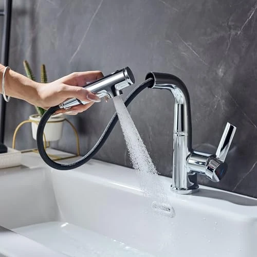 Offerta a tempo: LakeBayMZC Rubinetto per lavabo con rubinetto estraibile, miscelatore monocomando per bagno con 3 tipi di getto d'acqua, cromato - 42% da 66.99 € a 38.81 €