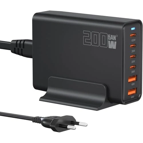 Caricatore rapido USB C da 200 W, 6 porte, GaN III, stazione di ricarica PD 100 W, 65 W, 44 W, 20 W, per laptop da 18 W, compatibile con MacBook Pro/Air, Dell XPS, iPhone 15/16/14/Pro, iPads, Steam