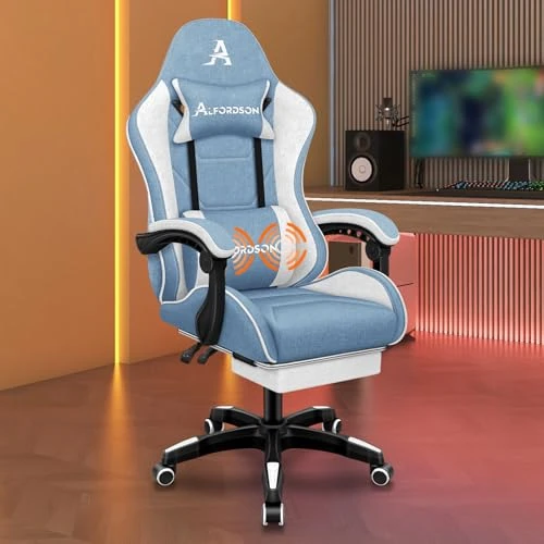Offerta a tempo: ALFORDSON Sedia Gaming Massaggiante, Sedia Gamer con Poggiapiedi Telescopico, Poltrona Ergonomica da Ufficio con Cuscino Lombare & Poggiatesta Regolabili, Regolabile 90-150°, Tessuto(Blu e bianca) - 7% da 81.00 € a 75.00 €