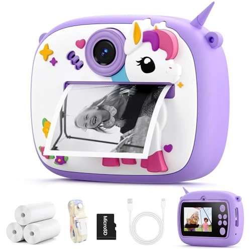 YOZISS Appareil Photo Instantané, 1080P Appareil Photo Enfant Instantanée, avec Lecteur de Cartes & 3 Papier Photo Cadeau pour Filles Garçons de 3 à 14 Ans(Poney Violet)