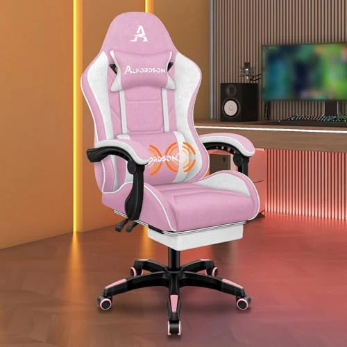 Tijdelijke aanbieding: ALFORDSON Massage Gamingstoel, Computerbureaustoel met Voetsteun, Racing Gamerstoel, Draagvermogen 180 kg, Verstelbare Rugleuning 90-150°, Ergonomische PC-stoel, 360° Draaibaar, Stof, Wit & Roze van 68.99 € naar 68.99 € (0.00% korti