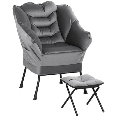 HOMCOM Juego de sillón con reposapiés para salón de tela efecto terciopelo, sillón dormitorio con 2 bolsillos laterales, reposabrazos y respaldo, estructura de acero, 80 x 78 x 100 cm, gris