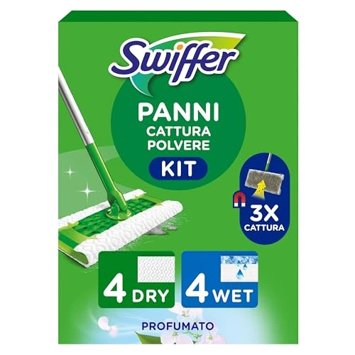 Offerta a tempo: Swiffer Starter Kit Catturapolvere E Lavapavimenti Per La Pulizia Di Pavimenti In Legno E Altri Materiali, Include: 1 Scopa, 4 Panni Catturapolvere, 4 Panni Lavapavimenti - 47% da 18.90 € a 9.99 €