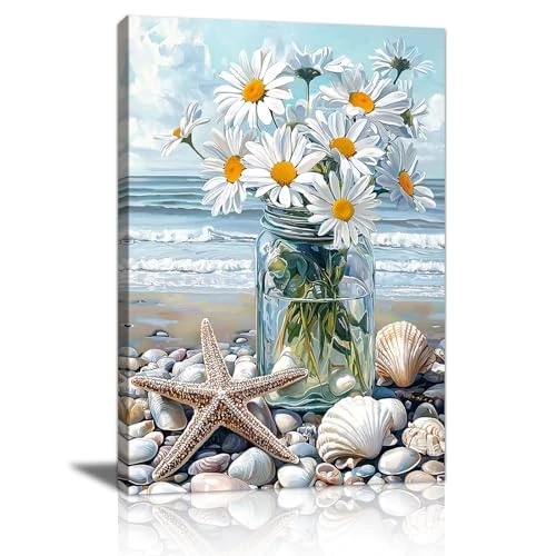 Offerta a tempo: Spiaggia Bianco Fiori nel Vaso Quadri Moderni Con Cornice, Elegante Blu Costa Paesaggio Stampe da Parete Natura Floreale Quadro Stampa Su Tela Decorazioni per Bagno Soggiorno Camera da Letto 30x40cm - 26% da 16.99 € a 12.58 €