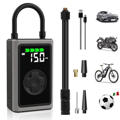 Hexinex Mini Portable Electric Air Kompressor, bis zu 150 psi, integriertes LED-Licht, Typ-C-Anschluss, 6 Aufblasmodi, kann für Autos, Bälle, Fahrräder verwendet werden