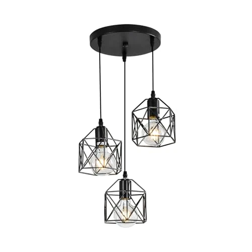 Offerta a tempo: DELIPOP Lampadario a sospensione Vintage Industriale, 3 Luci Lampada da Soffitto in Metallo Ø15 Gabbia Design Esagono, Lampade a Sospensione E27 Nero Retrò per Camera da Letto, Cucina, Sala da Pranzo - 0.00% da 39.90 € a 39.90 €
