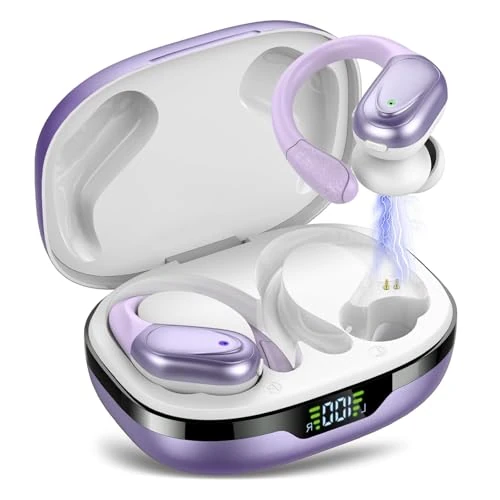 Cuffie Bluetooth, Sport Auricolari Bluetooth 5.3 con Gancio per Orecchio, 60H con Indicatore LED per Cassa di Ricarica, Chiamata ENC HD, Vestibilità Comoda, Basso Profondo, IPX7 Bianco Viola
