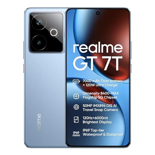Offre limitée : realme GT 7T 5G Smartphone 12+256GB,Caméra 50MP IMX896 OIS,Chip Dimensity 8400-MAX,Batterie 7000mAh Titan,Écran 6.78'' 120Hz 6000nits Pro-Esports,NFC,Bleu de 359.90 € à 379.00 € (-5.31% de remise)