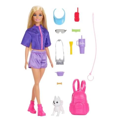 Tijdelijke aanbieding: Barbie Outdoor avontuur Malibu Fashion Blonde pop met jurk en 10 accessoires camping-accessoires, puppyvriend voor kinderen vanaf 3 jaar JJV59 van 25.46 € naar 25.46 € (0.00% korting)