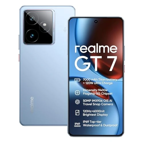 Offerta a tempo: realme GT 7 5G Smartphone 12+512GB,Chip Dimensity 9400e,50MP IMX906 OIS +50MP Fotocamera,7000mAh Batteria Titan,6.78'' 120Hz 6000nits Display Sportivo Professionale,NFC,Blu - 11% da 539.00 € a 479.00 €