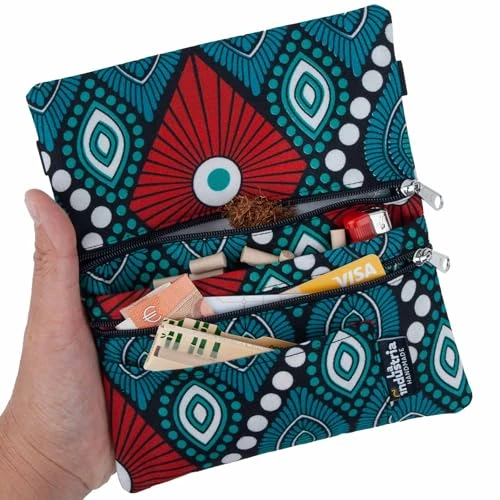 Tabakbeutel mit Doppelreißverschluss – Tabaktasche mit afrikanischem Muster – Drehtabak Tasche & Geldbörse für Papers, Filter, Feuerzeug, Karten und Bargeld (Wax)