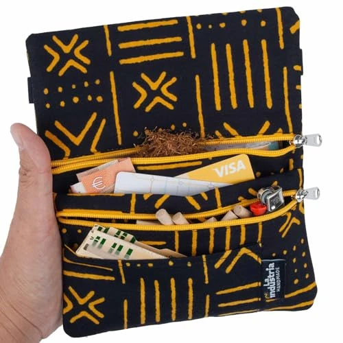 Tabakbeutel mit Doppelreißverschluss – Tabaktasche mit afrikanischem Muster – Drehtabak Tasche & Geldbörse für Papers, Filter, Feuerzeug, Karten und Bargeld (Mali)