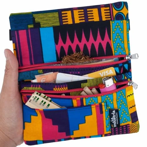 Tabakset met Afrikaanse Print – Handgemaakte Tabakstas met Dubbele Rits – Etui en Portemonnee voor Vloei, Filters, Aansteker, Pasjes en Contant Geld (Ghana)