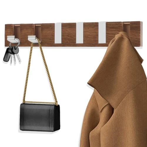 Garderobenhaken Wandmontierter, Wand Garderobenleiste Faltbarer Kleiderhaken anti holz aus Kunststoff,mit 6 edelstahl schlüsselboard haken für Mäntel, Schals, Tasche,garderobe wandhaken holzhaken