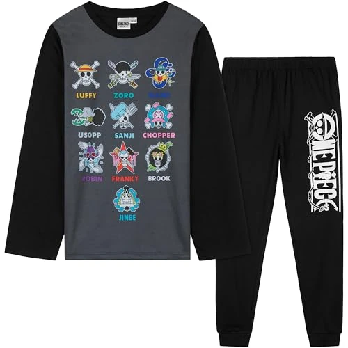 One Piece Pigiama Bambino Set, Lungo Pigiami Bambini T-Shirt e Pantaloni, Abbigliamento da Casa Set, Regalo Ragazzo (9-10 Anni, Nero)