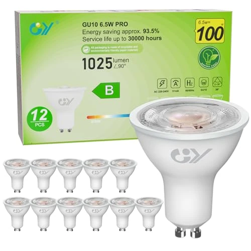 GY Lampadina LED GU10, 6.5W Equivalenti a 100 Watt Alogeni, 1025 Lumen, Lampadina LED 2700K Bianco Caldo, Attacco GU10 Lampada Faretto LED 36°, Lunga Durata e Basso Consumo, 12 Pezzi