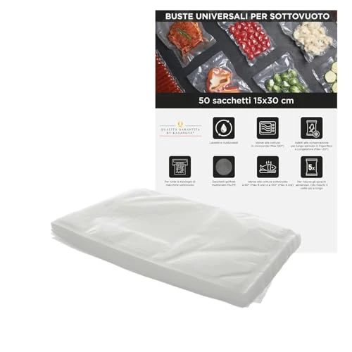 Set de 50 Bolsas de Vacío Universales – Reutilizables, para Cocinar y Conservar Alimentos, Apto para Congelador y Microondas (15 x 30 cm)