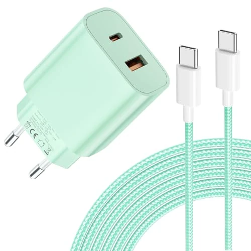 Caricabatterie USB C da 20W, caricabatterie telefono a due porte, ricarica rapida con cavo USB C da 2m,per iPhone 17 Pro Max/16/15, per Galaxy S22/S21/S20,Pad,ecc verde