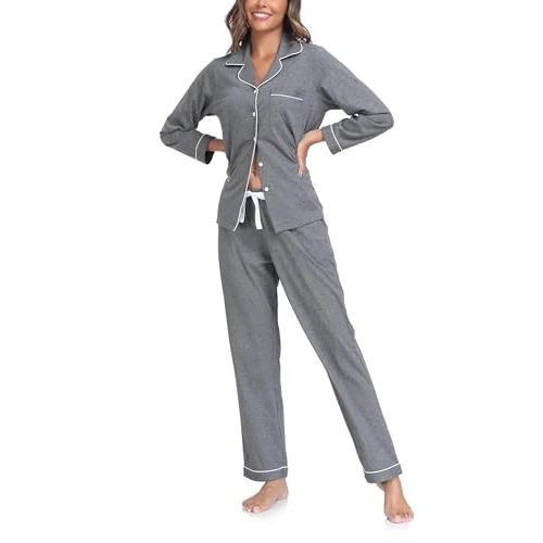 Oferta limitada: COLORFULLEAF Pijama largo para mujer, 100% algodón, con botones, manga larga, dos piezas, gris oscuro, XL de 64.06 € a 64.06 € (ahorro 0.00%)