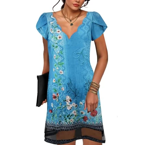 Limited-time offer: ABYOVRT Summer Dresses for Women UK Short Sleeve V Neck Beach Dress Ladies Dresses Floral Print Casual Sun Dress,Blue Print,XXL from 14.99 £ to 14.99 £ (save 0.00%)