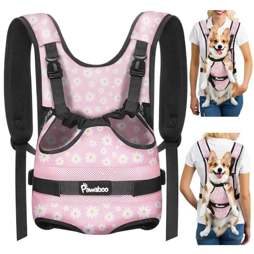 Limitiertes Angebot: Pawaboo Haustier Rucksack Front Hund Tragetasche, Beinen heraus Rucksäcke Haustier, Verstellbar Hunderucksack für Klein Mittler Hunde Katzen für Reisen Wandern Radfahren, XL, Rosa Gänseblümchen von 14.99 EUR auf 14.99 EUR (Spare 0%)