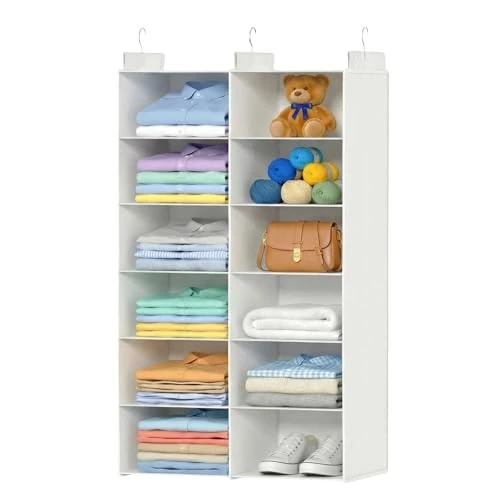 ALLTIDYUP Organizador armario para colgar, estante plegable de doble fila con 6 compartimentos, 12 bolsillos y 3 ganchos, ahorra espacio para ropa, color blanco, ideal para dormitorios y dormitorios