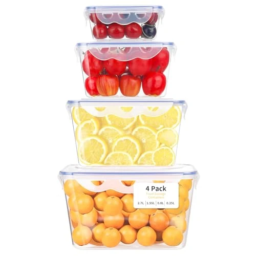 VINATO 4 stuks vershouddozen voor levensmiddelen, transparant, lekvrij, stapelbaar, BPA-vrij, ideaal voor maaltijdbereiding, vriezer en lunch, vaatwasmachinebestendig, magnetronbestendig, 4 stuks
