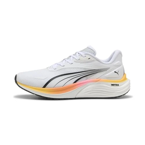 PUMA Herren Electrify Nitro 4 Road Running Shoe, Puma White Poison Pink Sun Stream, 42.5 EU