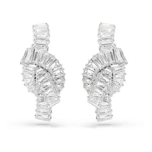 Swarovski Matrix Ohrringe, Rhodinierte Ohrringe im Knoten-Design mit Swarovski Zirkonia im Baguette-Schliff in Krappenfassung, Größe: 3 x 1.4 cm
