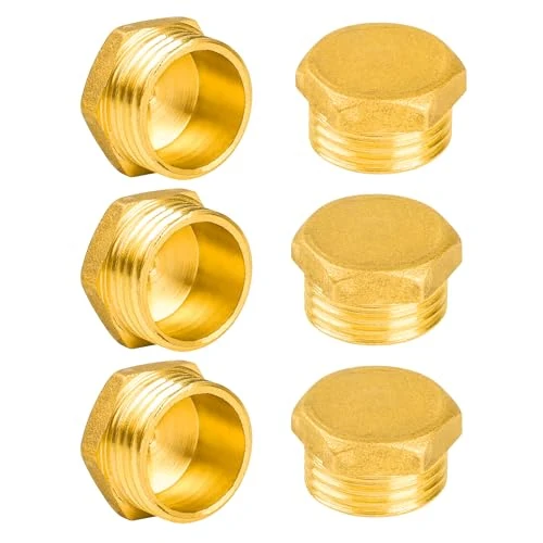 YEAUPE PRO Brass Blanking Plug, Male Thread Sealing Cap G1 (Diameter 20.3 mm), with Sealing Rings and PTFE Sealing Tape, Brass Cap Hexagonal, Hose Cap, Garden Water Hose Thread Cap, Set of 6