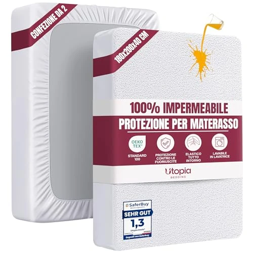 Offerta a tempo: Utopia Bedding Coprimaterasso Matrimoniale Impermeabile 180 x 200 x 40 cm (Confezione da 2), Certificato OEKO-TEX, Proteggi Materasso, Traspirante, Lavabile, Stile Montato Tutto Intorno Elastico - 15% da 35.99 € a 30.68 €