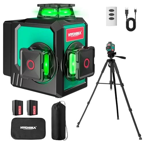 HYCHIKA Livella Laser Autolivellante 3x360°, Livello Laser con Treppiede, 2 x 3000mAh Batterie, 1 Cavo di Ricarica, 2 Borse in Tessuto e 1 Telecomando, IP54