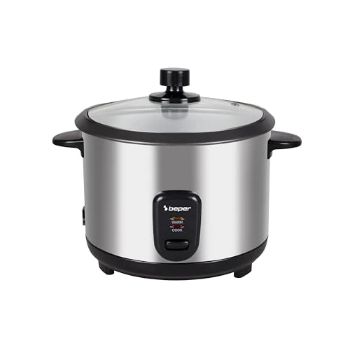 BEPER P101VAP001 Elektryczne urządzenie do gotowania ryżu z funkcją podgrzewania, kosz do gotowania na parze, nieprzywierająca powłoka, szklana pokrywa, automatyczny wyłącznik, stal nierdzewna