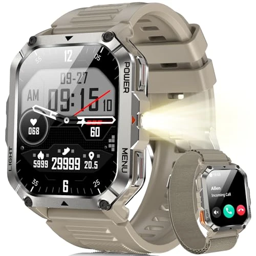 Blackview Montre Connectée Homme Femme, Illumination, Boussole, Batterie 900 mAh, Écran Tacile, Appel Bluetooth, Cardiofréquence, Analyse Sommeil, 100+ Modes Sport,pour Android/iOS (Kakhi)