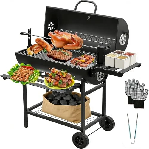 TEENO Grill Grillwagen BBQ Smoker Holzkohlegrill mit Deckel, Brathähnchen-Gestell,Rädern, Edelstahl-Griff, Grillrost und Thermometer, Lieferung von Clips und Handschuhen,Standgrill, Kohlegrillwagen
