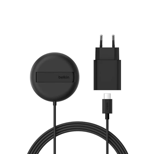 Belkin Magnetisches Kabelloses Ladegerät (15W) mit Ständer – zertifiziertes MagSafe Ladegerät, Qi2 Ladestation für iPhone 16, 15, 14, Samsung Galaxy S25, S24, AirPods usw. (mit Netzteil) – Schwarz