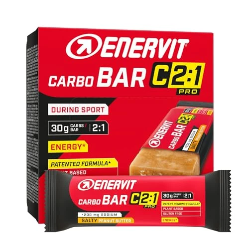 Enervit Carbo Bar C2:1PRO Salty Peanut Butter,Barrette Energetiche, 30g di Carboidrati, Gusto Burro d'Arachidi, Per Endurance, +50% di Carboidrati Assorbiti, Senza Glutine, Vegan, 12 Barrette da 45g