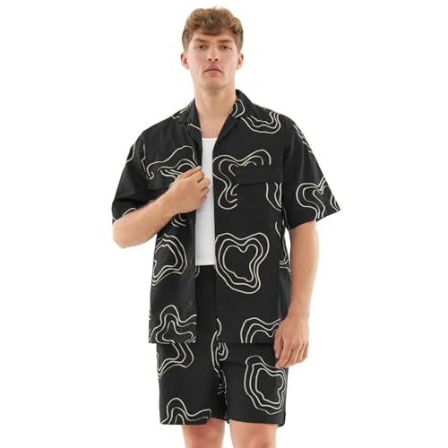 Johnny Urban Men's Short Sleeve Shirt – Spencer – Oversized Shirt with Print – Casual Shirt for Summer, Beach, Festival – 100% Cotton – Lightweight and Sporty Clothing, Black, M