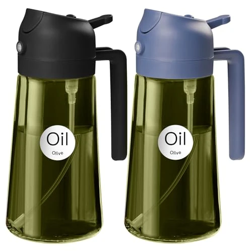 YARRAMATE 2 sztuki 470 ml rozpylacz oleju do gotowania, 2 w 1, ochrona przed promieniowaniem UV, rozpylacz oleju do kuchni, wysokiej jakości zielona butelka na olej szklany, butelka z rozpylaczem do