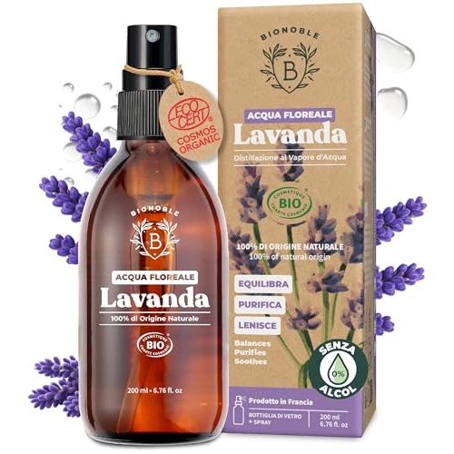 BIONOBLE Organic Lavender Water for Skin - Soothes, Purifies and Balances - 100% of Natural Origin and Vegan Lavender Hydrosol for Acne-Prone Skin, Body and Hair - Glass Bottle with Spray - 200ml