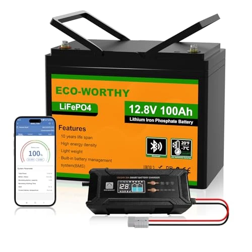 Oferta limitada: ECO-WORTHY LiFePO4 Bluetooth 12 V 100 Ah con Cargador de 12/24 V 20 A, bateria Litio 12 V 100 Ah con protección BMS de Baja Temperatura para caravanas, Barcos, caravanas de 289.99 € a 289.99 € (ahorro 0.00%)