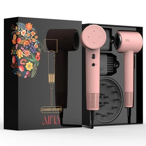 AINA Haardroger met diffuser, kam, mondstuk voor vrouwen, borstelloze motor, 160.000 tpm, ionische blow-dry high speed droger (3A Roze)