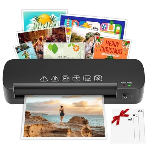 NAHKZNY A4 Laminator Thermal Laminator with 15 Lamination Sleeves (70-100 Micron) for A4 A5 A6 Photos Documents Suitable for Home Office School Restaurant Black